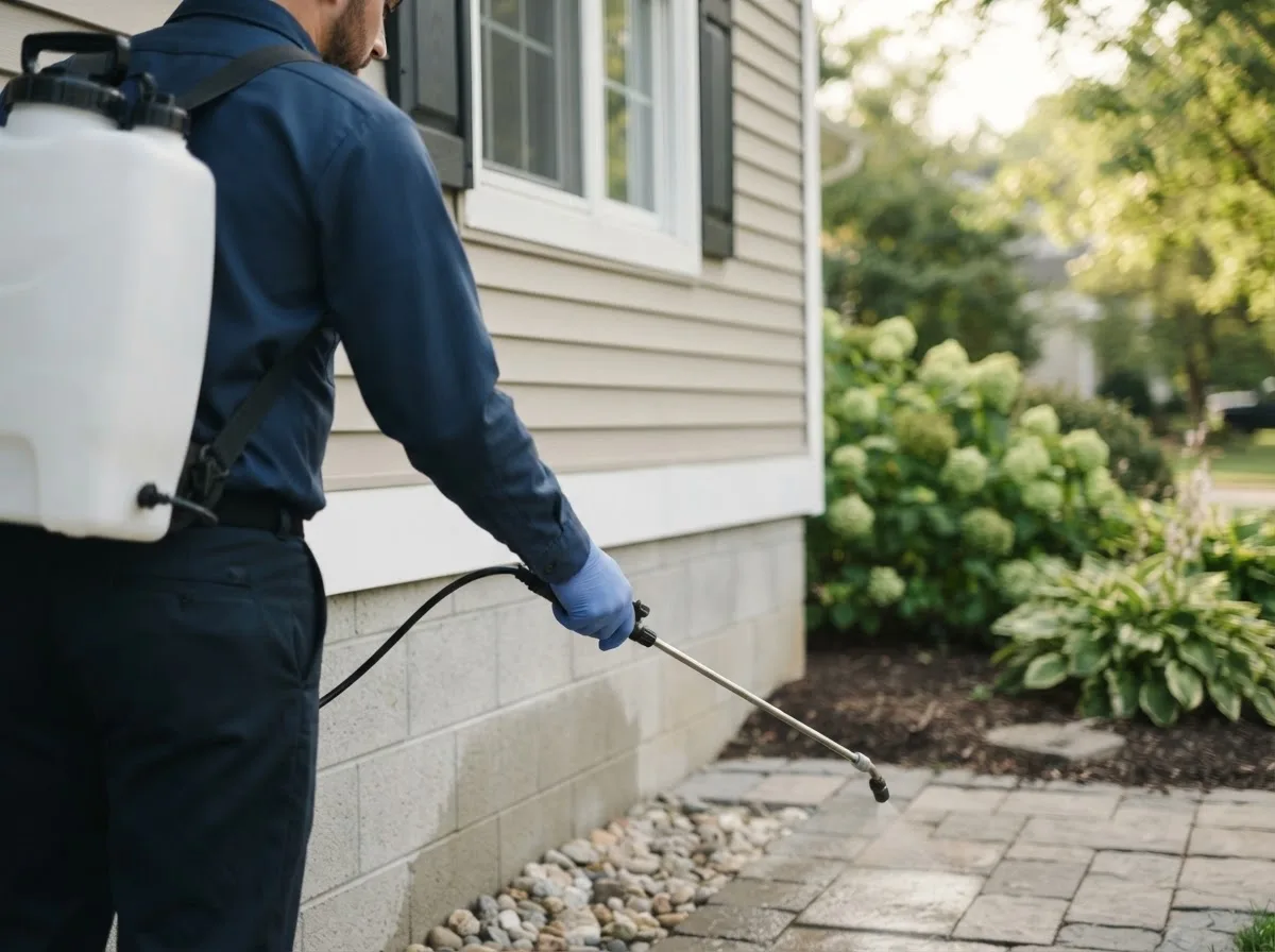 Pest control technician inspecting a home in Nogal, NM